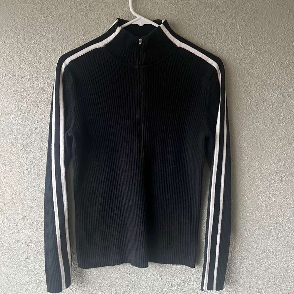 vintage 90s Ralph Lauren black quarter zip jacket sweater. White pinstripes.
